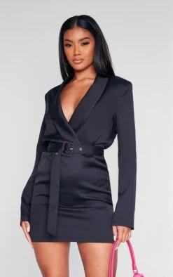 Black Plunge Belted Blazer Style Dress