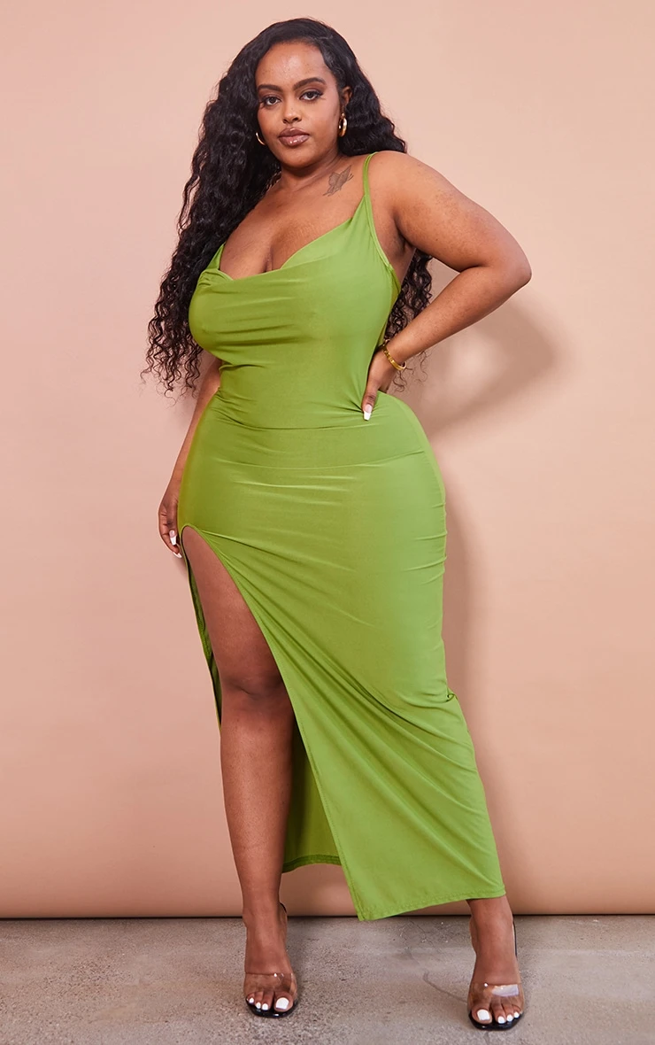 Plus Olive Slinky Cowl Side Split Midi Dress 3 Plus Olive Slinky Cowl Side Split Midi Dress