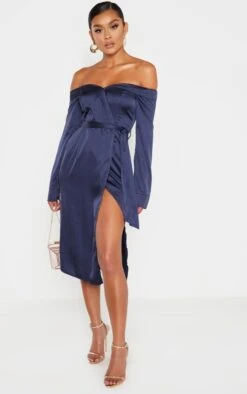 Navy Satin Bardot Lapel Detail Wrap Midi Dress