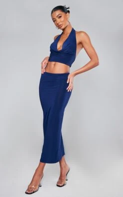 Navy Slinky Cowl Neck Cut Out Midi Dress