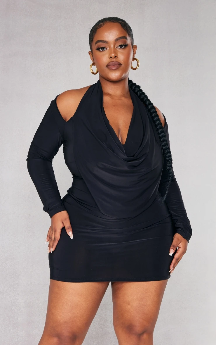 Plus Black Cowl Neck Long Sleeve Bodycon Dress 5 Plus Black Cowl Neck Long Sleeve Bodycon Dress - Image 3