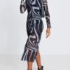 Monochrome Print Mesh High Neck Binding Maxi Dress