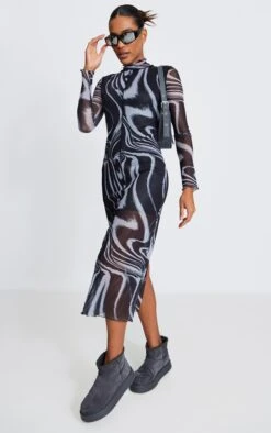 Monochrome Print Mesh High Neck Binding Maxi Dress