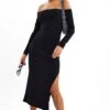 Black Wide Rib Bardot Split Detail Midi Dress