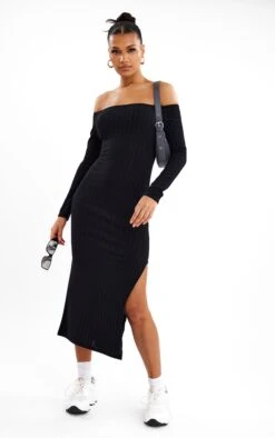 Black Wide Rib Bardot Split Detail Midi Dress