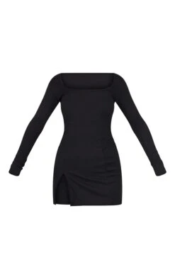 Black Rib Split Hem Square Neck Long Sleeve Bodycon Dress -Women Clothing Shop 9b4c35a07be2b3c87128dce481e56be3f7ce237a cmt9397 6