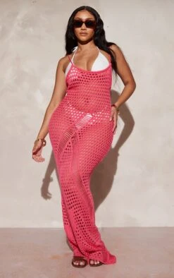 Shape Hot Pink Knit Crochet Strappy Maxi Dress