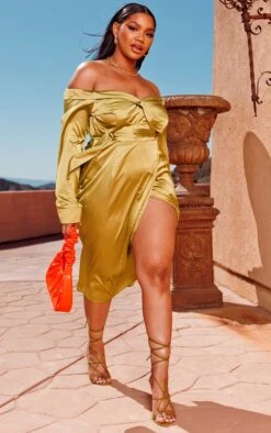 Plus Olive Satin Bardot Lapel Detail Wrap Midi Dress