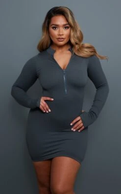 Shape Charcoal Snatched Rib Zip Long Sleeve Bodycon Dress