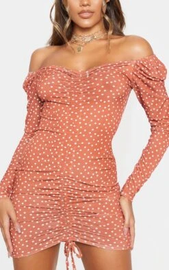 Terracotta Polka Dot Print Ruched Front Long Sleeve Bodycon Dress -Women Clothing Shop a0228c1417a385b9d8165de35044a2f4d8504a37 CMS1125 4