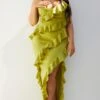 Plus Olive Satin Frill Layered Midaxi Dress