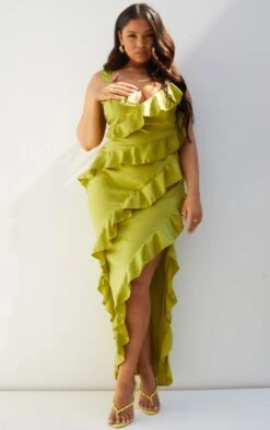 Plus Olive Satin Frill Layered Midaxi Dress