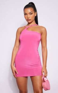 Pink Asymmetric Strap Cross Back Slinky Bodycon Dress