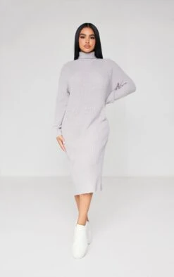 Petite Grey Roll Neck Oversized Midi Sweatshirt Dress