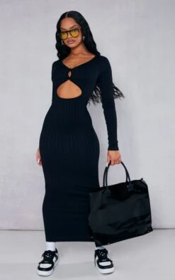 Black Structured Contour Wide Rib Button Down Midaxi Dress