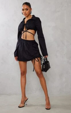 Black Woven Ruched Side Asymetric Micro Mini Skirt