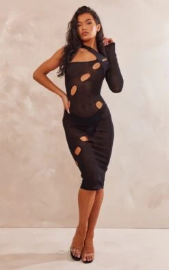 Black Sheer Knit Cut Out One Shoulder Maxi Dress