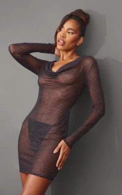 Black Glitter Sheer Cowl Ruched Long Sleeve Bodycon Dress