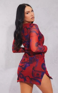 Red Print Mesh Side Split Detail Bodycon Dress -Women Clothing Shop a4c9af4b2d622957c261638a74291c36497eb873 cnb7174 2