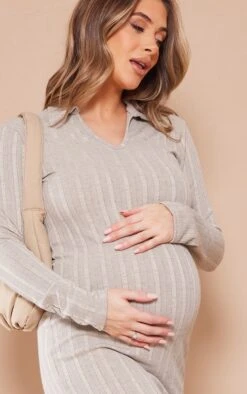 Maternity Oatmeal Ribbed Polo Neck Maxi Dress 10 Maternity Oatmeal Ribbed Polo Neck Maxi Dress -Women Clothing Shop a5efa079c197f609981432505fe6a38144e13e5f cnd3128 4