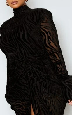 Plus Black Zebra Devore High Neck Draped Midi Dress -Women Clothing Shop a7439f287372bc0b62f342327b8d2e60d4d4bcd7 cmu5856 5