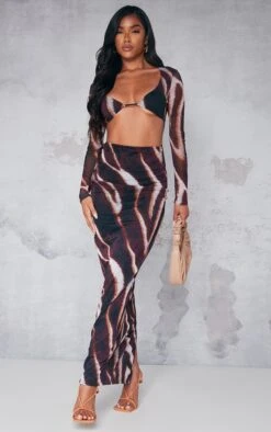 Brown Animal Print Mesh Cup Detail Long Sleeve Maxi Dress