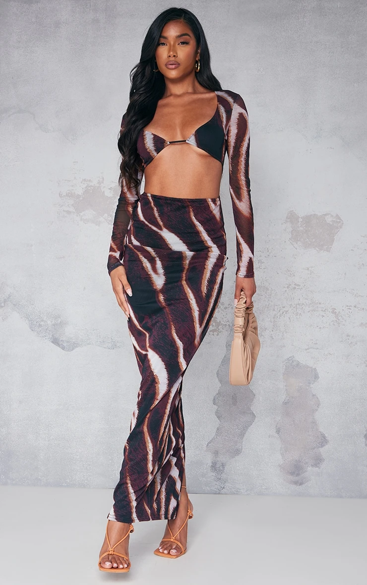Brown Animal Print Mesh Cup Detail Long Sleeve Maxi Dress 3 Brown Animal Print Mesh Cup Detail Long Sleeve Maxi Dress