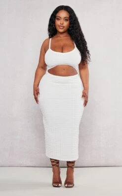 Plus White Textured Cut Out Midi Dress