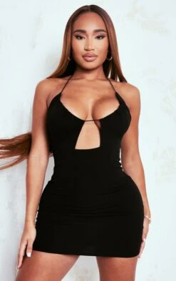 Shape Black Crepe Halterneck Tie Detail Bodycon Dress