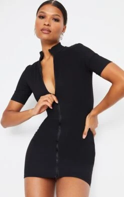 Black Zip Front Rib Short Sleeve Bodycon Dress
