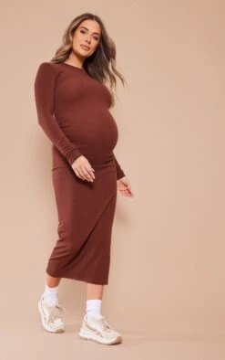 Maternity Chocolate Long Sleeve Ribbed Midi Dress
