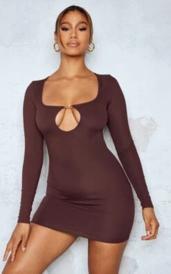 Chocolate Rib Trim Cut Out Long Sleeve Bodycon Dress