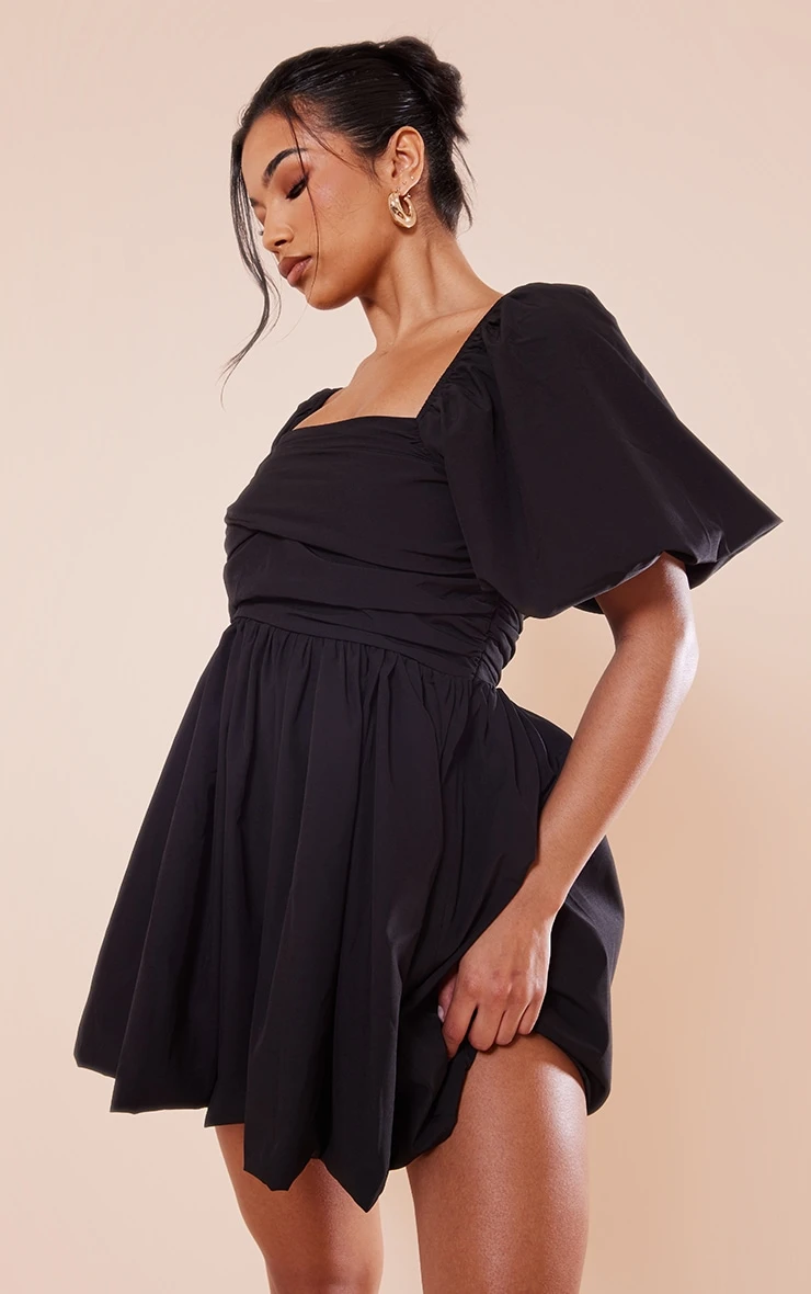 Black Puff Sleeve Ruched Puffball Shift Dress 4 Black Puff Sleeve Ruched Puffball Shift Dress - Image 3