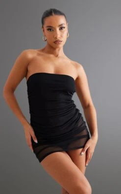 Black Mesh Ruched Bandeau Bodycon Dress