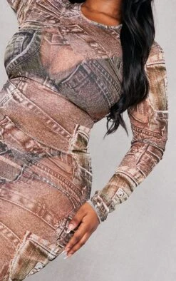 Plus Beige Denim Printed Mesh Long Sleeve Midi Dress -Women Clothing Shop b1b7f7601157d49589d964bf8a323ee708eab83f cnc0705 4