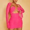 Shape Hot Pink Mesh Lace Up Detail Overlay Bodycon Dress