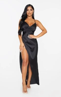 Petite Black Satin Wrap Detail Maxi Dress