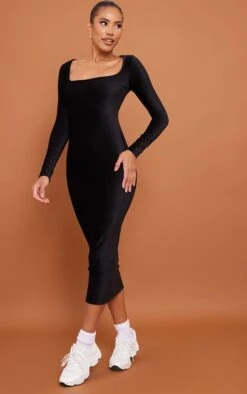 Black Velour Rib Long Sleeve Midaxi Dress