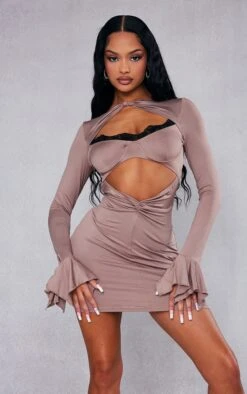Taupe Cut Out Lace Cup Detail Flared Sleeve Bodycon Dress