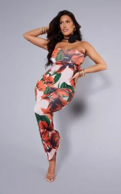 Shape Red Floral Printed Slinky Bandeau Ruched Side Midaxi Dress