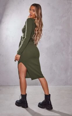 Khaki V Neck Belted Long Sleeve Split Midi Dress -Women Clothing Shop b618d120b1087a2285820d568ae8ee9ca4bb5589 cmp8731 2