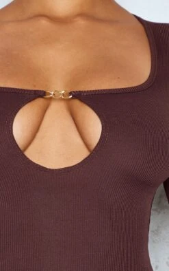 Chocolate Rib Trim Cut Out Long Sleeve Bodycon Dress -Women Clothing Shop b62c71e5499376013a55a125b461bbae0c0e423f cna6885 4