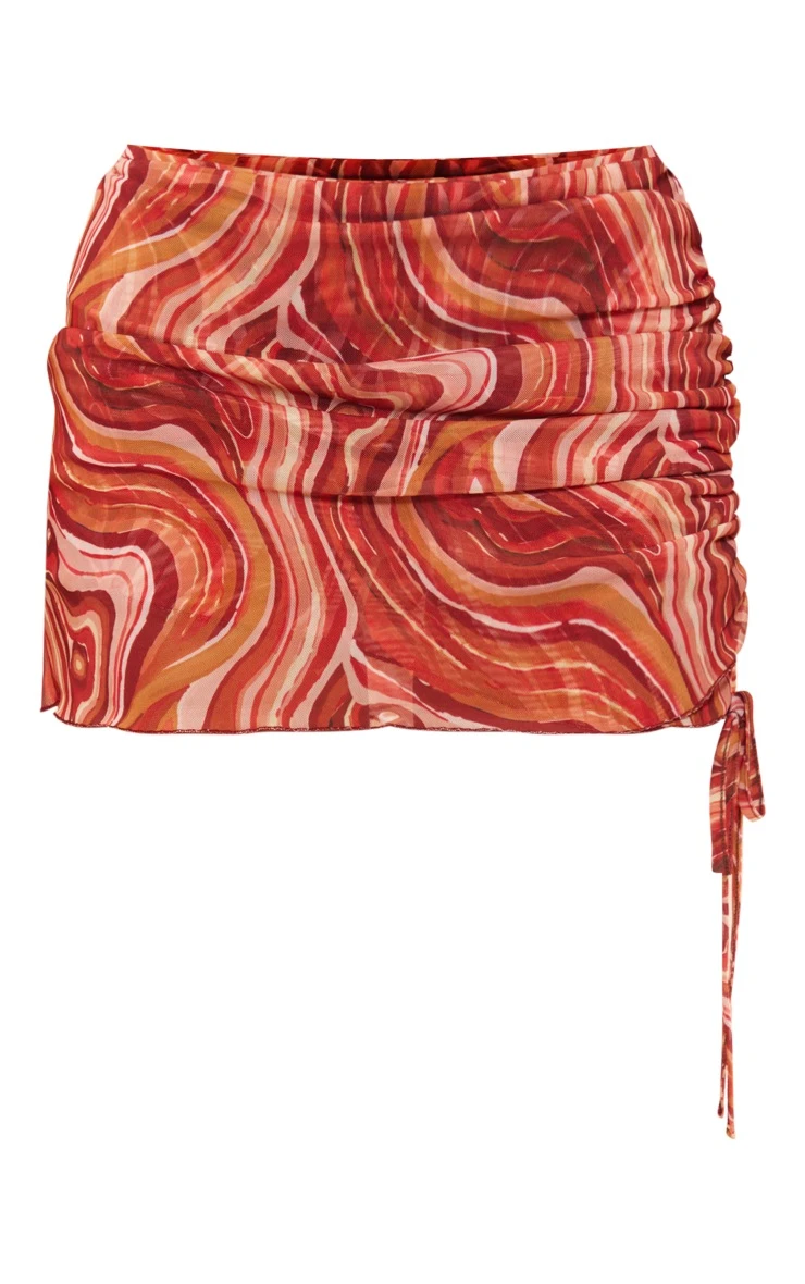 Orange Swirl Print Mesh Ruched Micro Mini Skirt 8 Orange Swirl Print Mesh Ruched Micro Mini Skirt - Image 6