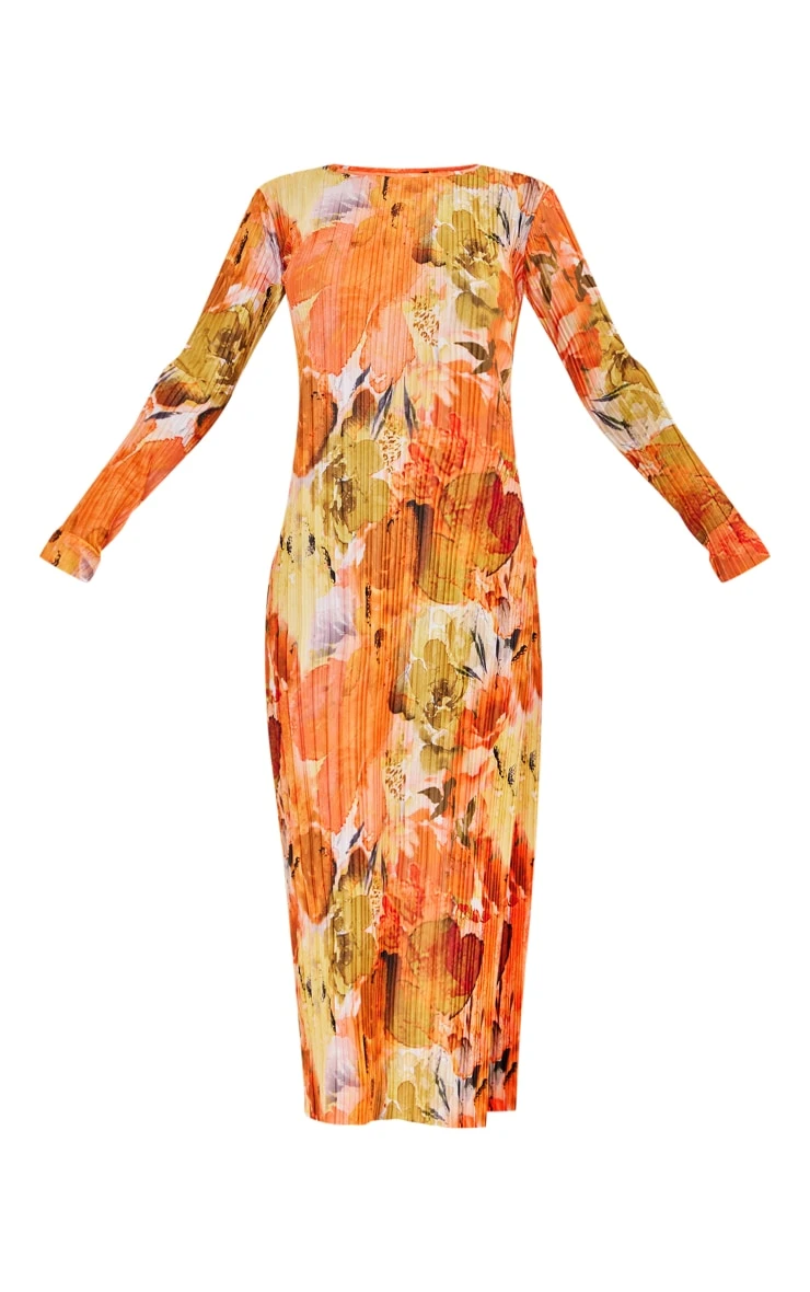 Tall Orange Floral Print Plisse Long Sleeve Split Detail Midi Dress 7 Tall Orange Floral Print Plisse Long Sleeve Split Detail Midi Dress - Image 5