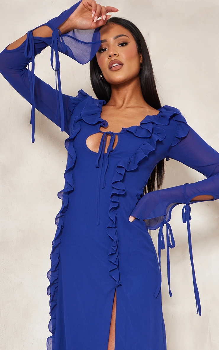 Tall Bright Blue Long Sleeve Frilled Maxi Dress 6 Tall Bright Blue Long Sleeve Frilled Maxi Dress - Image 4