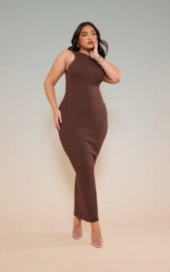 Plus Chocolate Brown Knitted Back Plunge Racer Maxi Dress