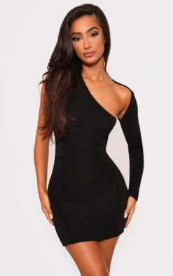 Petite Black Acetate Slinky One Shoulder Cut Out Bodycon Dress