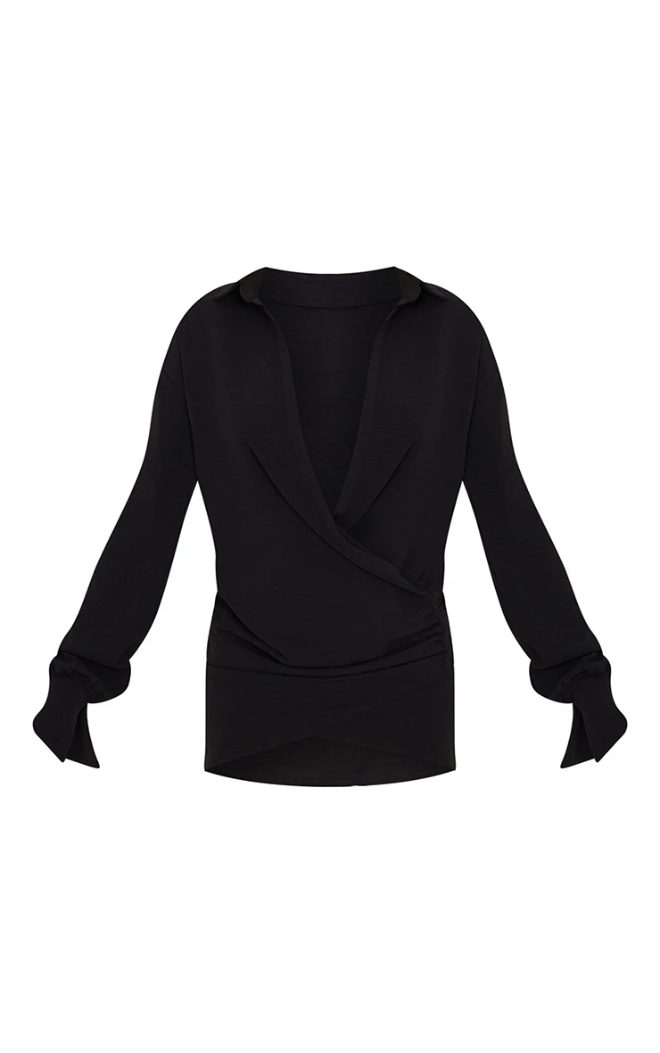 Black Textured Woven Extreme Plunge Bell Cuff Shirt Dress 7 Black Textured Woven Extreme Plunge Bell Cuff Shirt Dress - Image 5