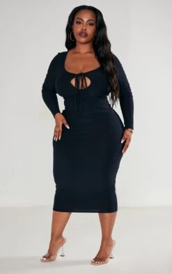 Plus Black Soft Touch Tie Front Long Sleeve Dress -Women Clothing Shop bcb219d78f61991a22afbb658289667745ebd3a9 cnc9609 3