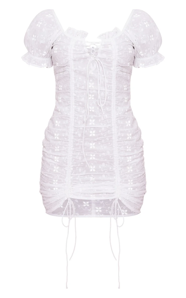 White Broderie Lace Up Ruched Bodycon Dress 7 White Broderie Lace Up Ruched Bodycon Dress - Image 5